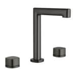 2-hendel wastafelkraan in black gun metal met duurzame PVD-coating, geleverd als complete set inclusief bijpassende clickwaste. De clickwaste is een handige pop-up afvoer die je eenvoudig opent en sluit door erop te drukken. Onderdeel van de Lugano s