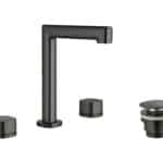 2-hendel wastafelkraan in black gun metal met duurzame PVD-coating, geleverd als complete set inclusief bijpassende clickwaste. De clickwaste is een handige pop-up afvoer die je eenvoudig opent en sluit door erop te drukken. Onderdeel van de Lugano s