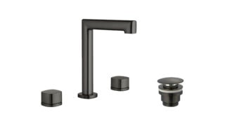 2-hendel wastafelkraan in black gun metal met duurzame PVD-coating, geleverd als complete set inclusief bijpassende clickwaste. De clickwaste is een handige pop-up afvoer die je eenvoudig opent en sluit door erop te drukken. Onderdeel van de Lugano s