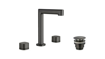 2-hendel wastafelkraan in black gun metal met duurzame PVD-coating, geleverd als complete set inclusief bijpassende clickwaste. De clickwaste is een handige pop-up afvoer die je eenvoudig opent en sluit door erop te drukken. Onderdeel van de Lugano s