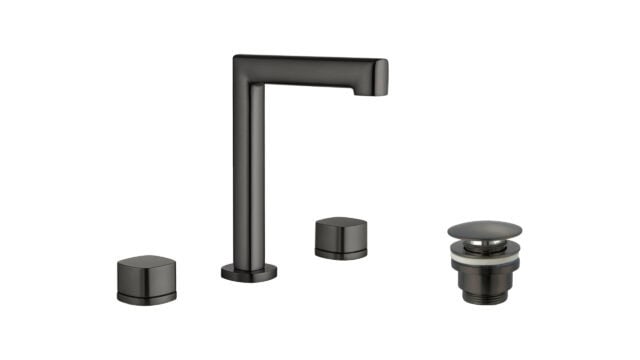 2-hendel wastafelkraan in black gun metal met duurzame PVD-coating, geleverd als complete set inclusief bijpassende clickwaste. De clickwaste is een handige pop-up afvoer die je eenvoudig opent en sluit door erop te drukken. Onderdeel van de Lugano s