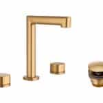 2-hendel wastafelkraan in geborsteld goud, geleverd als complete set inclusief bijpassende clickwaste. De clickwaste is een handige pop-up afvoer die je eenvoudig opent en sluit door erop te drukken. Onderdeel van de Lugano serie, ambachtelijk uit éé