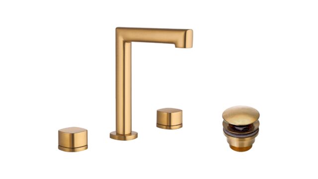 2-hendel wastafelkraan in geborsteld goud, geleverd als complete set inclusief bijpassende clickwaste. De clickwaste is een handige pop-up afvoer die je eenvoudig opent en sluit door erop te drukken. Onderdeel van de Lugano serie, ambachtelijk uit éé