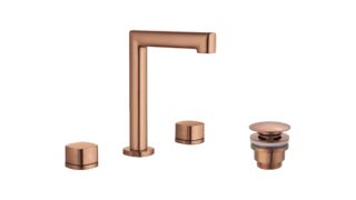 2-hendel wastafelkraan in geborsteld koper, geleverd als complete set inclusief bijpassende clickwaste. De clickwaste is een handige pop-up afvoer die je eenvoudig opent en sluit door erop te drukken. Onderdeel van de Lugano serie, ambachtelijk uit é