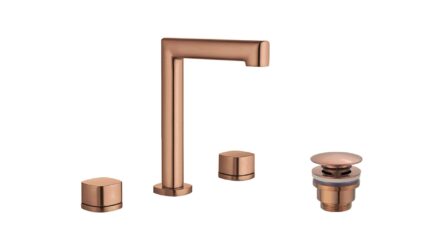 2-hendel wastafelkraan in geborsteld koper, geleverd als complete set inclusief bijpassende clickwaste. De clickwaste is een handige pop-up afvoer die je eenvoudig opent en sluit door erop te drukken. Onderdeel van de Lugano serie, ambachtelijk uit é