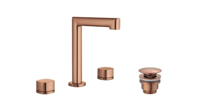 2-hendel wastafelkraan in geborsteld koper, geleverd als complete set inclusief bijpassende clickwaste. De clickwaste is een handige pop-up afvoer die je eenvoudig opent en sluit door erop te drukken. Onderdeel van de Lugano serie, ambachtelijk uit é