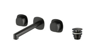 2-hendel inbouw muurwastafelkraan in black gun metal met duurzame PVD-coating, geleverd inclusief inbouwdeel, geleverd als complete set inclusief bijpassende clickwaste. De clickwaste is een handige pop-up afvoer die je eenvoudig opent en sluit door