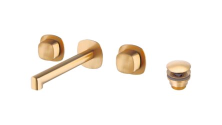 2-hendel inbouw muurwastafelkraan in geborsteld goud, geleverd inclusief inbouwdeel, geleverd als complete set inclusief bijpassende clickwaste. De clickwaste is een handige pop-up afvoer die je eenvoudig opent en sluit door erop te drukken. Onderdee