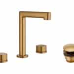 2-hendel wastafelkraan in geborsteld goud, geleverd als complete set inclusief bijpassende clickwaste. De clickwaste is een handige pop-up afvoer die je eenvoudig opent en sluit door erop te drukken. Onderdeel van de Genève serie, ambachtelijk uit éé
