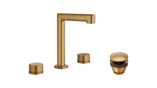 2-hendel wastafelkraan in geborsteld goud, geleverd als complete set inclusief bijpassende clickwaste. De clickwaste is een handige pop-up afvoer die je eenvoudig opent en sluit door erop te drukken. Onderdeel van de Genève serie, ambachtelijk uit éé