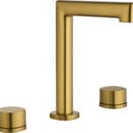 2-hendel wastafelkraan in geborsteld goud. Onderdeel van de Genève serie, ambachtelijk uit één stuk massief messing vervaardigd en verkrijgbaar in 6 kleuren. Voorzien van 5 jaar garantie.