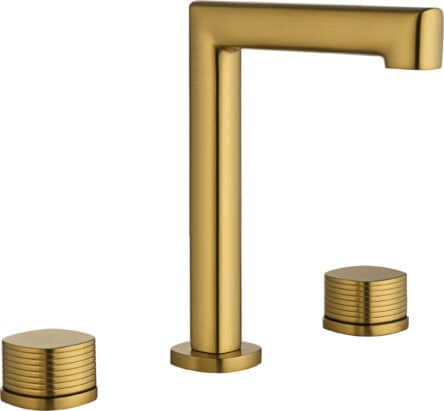 2-hendel wastafelkraan in geborsteld goud. Onderdeel van de Genève serie, ambachtelijk uit één stuk massief messing vervaardigd en verkrijgbaar in 6 kleuren. Voorzien van 5 jaar garantie.