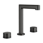 2-hendel wastafelkraan in black gun metal met duurzame PVD-coating, geleverd als complete set inclusief bijpassende clickwaste. De clickwaste is een handige pop-up afvoer die je eenvoudig opent en sluit door erop te drukken. Onderdeel van de Genève s