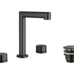 2-hendel wastafelkraan in black gun metal met duurzame PVD-coating, geleverd als complete set inclusief bijpassende clickwaste. De clickwaste is een handige pop-up afvoer die je eenvoudig opent en sluit door erop te drukken. Onderdeel van de Genève s