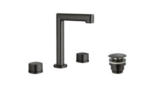 2-hendel wastafelkraan in black gun metal met duurzame PVD-coating, geleverd als complete set inclusief bijpassende clickwaste. De clickwaste is een handige pop-up afvoer die je eenvoudig opent en sluit door erop te drukken. Onderdeel van de Genève s
