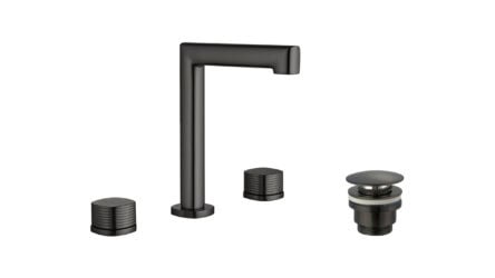 2-hendel wastafelkraan in black gun metal met duurzame PVD-coating, geleverd als complete set inclusief bijpassende clickwaste. De clickwaste is een handige pop-up afvoer die je eenvoudig opent en sluit door erop te drukken. Onderdeel van de Genève s