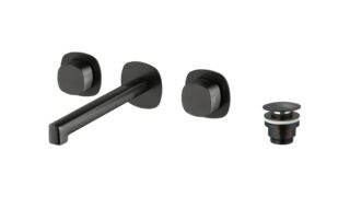 2-hendel inbouw muurwastafelkraan in black gun metal met duurzame PVD-coating, geleverd inclusief inbouwdeel, geleverd als complete set inclusief bijpassende clickwaste. De clickwaste is een handige pop-up afvoer die je eenvoudig opent en sluit door