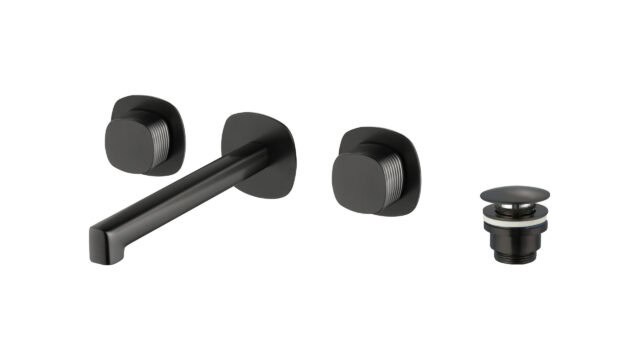 2-hendel inbouw muurwastafelkraan in black gun metal met duurzame PVD-coating, geleverd inclusief inbouwdeel, geleverd als complete set inclusief bijpassende clickwaste. De clickwaste is een handige pop-up afvoer die je eenvoudig opent en sluit door