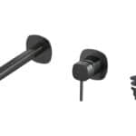 Inbouw muurwastafelkraan in black gun metal met duurzame PVD-coating, geleverd inclusief inbouwdeel, geleverd als complete set inclusief bijpassende clickwaste. De clickwaste is een handige pop-up afvoer die je eenvoudig opent en sluit door erop te d