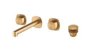 2-hendel inbouw muurwastafelkraan in geborsteld goud, geleverd inclusief inbouwdeel, geleverd als complete set inclusief bijpassende clickwaste. De clickwaste is een handige pop-up afvoer die je eenvoudig opent en sluit door erop te drukken. Onderdee