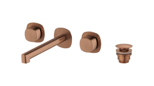 2-hendel inbouw muurwastafelkraan in geborsteld koper, geleverd inclusief inbouwdeel, geleverd als complete set inclusief bijpassende clickwaste. De clickwaste is een handige pop-up afvoer die je eenvoudig opent en sluit door erop te drukken. Onderde