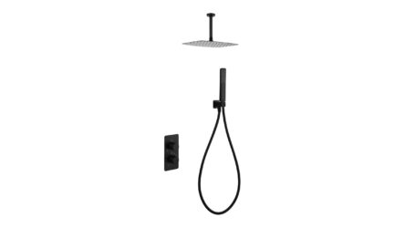 Thermostatische inbouw doucheset in mat zwart, geleverd als complete set met handdouche en doucheslang, inclusief inbouwdeel. Uitgevoerd met plafondaansluiting. Onderdeel van de Genève serie, uitgevoerd in massief messing en verkrijgbaar in 6 kleuren