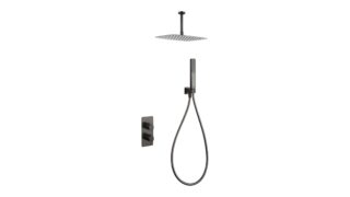 Thermostatische inbouw doucheset in black gun metal met duurzame PVD-coating, geleverd als complete set met handdouche en doucheslang, inclusief inbouwdeel. Uitgevoerd met plafondaansluiting. Onderdeel van de Genève serie, uitgevoerd in massief messi
