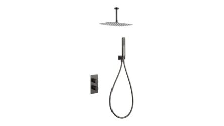Thermostatische inbouw doucheset in black gun metal met duurzame PVD-coating, geleverd als complete set met handdouche en doucheslang, inclusief inbouwdeel. Uitgevoerd met plafondaansluiting. Onderdeel van de Genève serie, uitgevoerd in massief messi