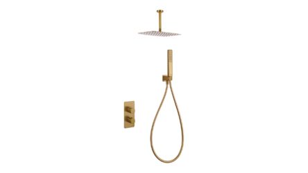 Thermostatische inbouw doucheset in geborsteld goud, geleverd als complete set met handdouche en doucheslang, inclusief inbouwdeel. Uitgevoerd met plafondaansluiting. Onderdeel van de Genève serie, uitgevoerd in massief messing en verkrijgbaar in 6 k