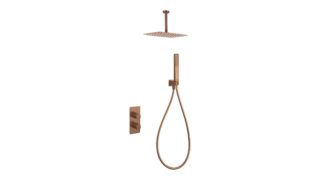 Thermostatische inbouw doucheset in geborsteld koper, geleverd als complete set met handdouche en doucheslang, inclusief inbouwdeel. Uitgevoerd met plafondaansluiting. Onderdeel van de Genève serie, uitgevoerd in massief messing en verkrijgbaar in 6
