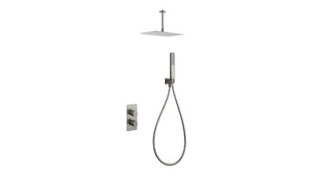 Thermostatische inbouw doucheset in geborsteld nikkel, geleverd als complete set met handdouche en doucheslang, inclusief inbouwdeel. Uitgevoerd met plafondaansluiting. Onderdeel van de Genève serie, uitgevoerd in massief messing en verkrijgbaar in 6