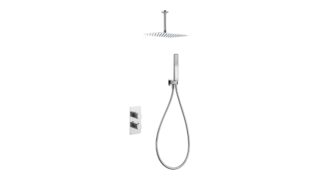 Thermostatische inbouw doucheset in chroom, geleverd als complete set met handdouche en doucheslang, inclusief inbouwdeel. Uitgevoerd met plafondaansluiting. Onderdeel van de Genève serie, uitgevoerd in massief messing en verkrijgbaar in 6 kleuren. V