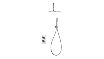 Thermostatische inbouw doucheset in chroom, geleverd als complete set met handdouche en doucheslang, inclusief inbouwdeel. Uitgevoerd met plafondaansluiting. Onderdeel van de Genève serie, uitgevoerd in massief messing en verkrijgbaar in 6 kleuren. V