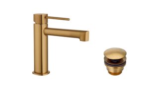Wastafelkraan laag in geborsteld goud, geleverd als complete set inclusief bijpassende clickwaste. De clickwaste is een handige pop-up afvoer die je eenvoudig opent en sluit door erop te drukken. Onderdeel van de Genève serie, ambachtelijk uit één st