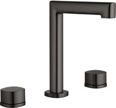 2-hendel wastafelkraan in black gun metal met duurzame PVD-coating. Onderdeel van de Genève serie, ambachtelijk uit één stuk massief messing vervaardigd en verkrijgbaar in 6 kleuren. Voorzien van 5 jaar garantie.