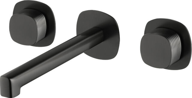 2-hendel inbouw muurwastafelkraan in black gun metal met duurzame PVD-coating, geleverd inclusief inbouwdeel. Onderdeel van de Genève serie, ambachtelijk uit één stuk massief messing vervaardigd en verkrijgbaar in 6 kleuren. Voorzien van 5 jaar garan