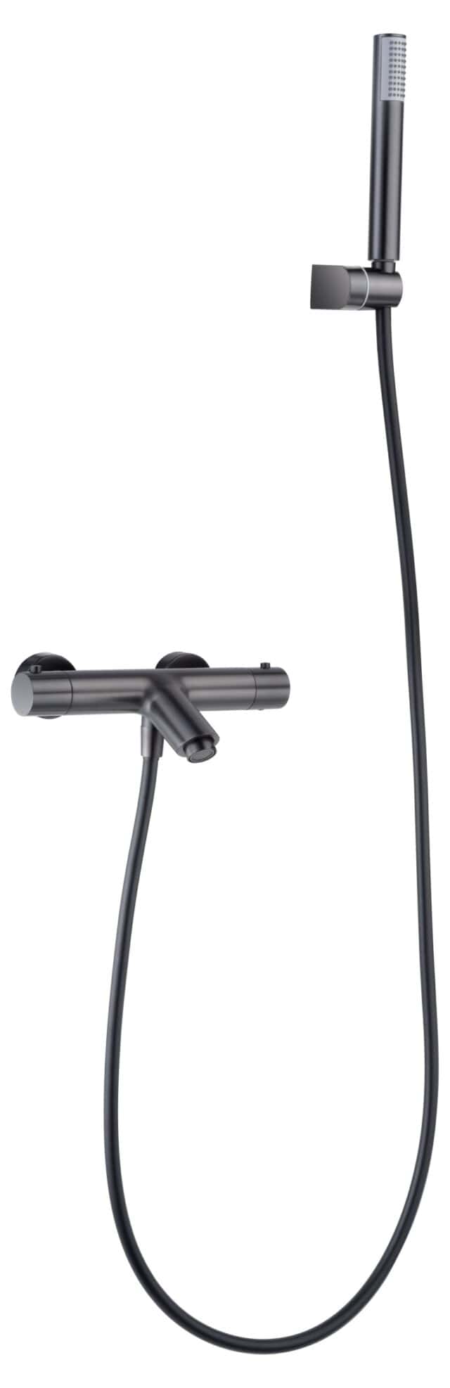 Moderne thermostatische bad/douchekraan in gunmetal met duurzame PVD-coating. Geleverd als complete set met handdouche, doucheslang en wandhaak. Verkrijgbaar in 6 kleuren.