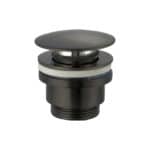 2-hendel wastafelkraan in black gun metal met duurzame PVD-coating, geleverd als complete set inclusief bijpassende clickwaste. De clickwaste is een handige pop-up afvoer die je eenvoudig opent en sluit door erop te drukken. Onderdeel van de Genève s