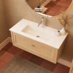 Modern naturel eiken badkamermeubel 100 cm met één lade en mat witte mineraalstenen wastafel