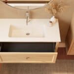 Modern naturel eiken badkamermeubel 100 cm met één lade en mat witte mineraalstenen wastafel