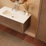 Modern donker eiken badkamermeubel 100 cm met één lade en mat witte mineraalstenen wastafel