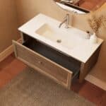 Modern donker eiken badkamermeubel 100 cm met één lade en mat witte mineraalstenen wastafel
