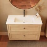 Modern naturel eiken badkamermeubel 100 cm met twee lades en mat witte mineraalstenen wastafel