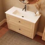 Modern naturel eiken badkamermeubel 100 cm met twee lades en mat witte mineraalstenen wastafel