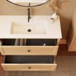 Modern naturel eiken badkamermeubel 100 cm met twee lades en mat witte mineraalstenen wastafel