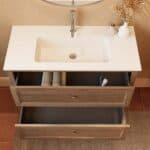 Modern donker eiken badkamermeubel 100 cm met twee lades en mat witte mineraalstenen wastafel