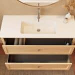 Hangend naturel eiken badkamermeubel 120 cm met twee lades en mat witte mineraalstenen enkele wastafel