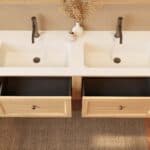 Modern naturel eiken badkamermeubel 140 cm met één lade en mat witte mineraalstenen wastafel