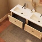 Modern naturel eiken badkamermeubel 140 cm met één lade en mat witte mineraalstenen wastafel
