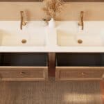 Modern donker eiken badkamermeubel 140 cm met één lade en mat witte mineraalstenen wastafel